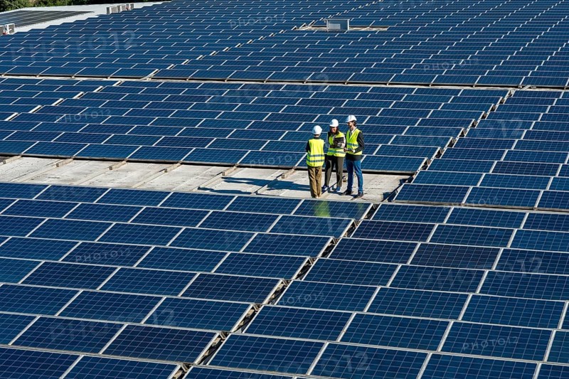 Engineers wearing safety vests and hard hats are standing on a large rooftop solar farm, reviewing plans and collaborating on a renewable energy project