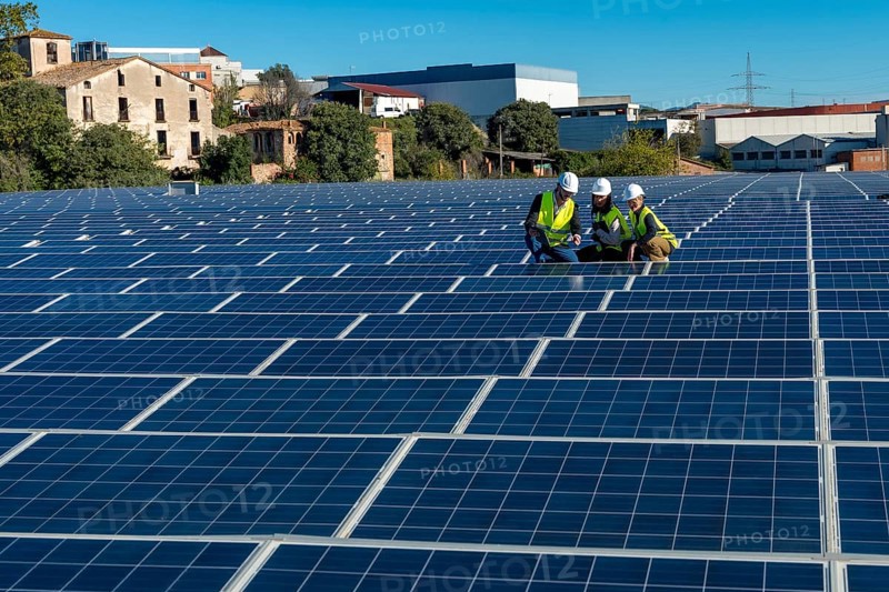Engineers in hard hats and vests working on a vast solar panel field, reviewing data on a tablet, symbolizing sustainable energy development and clean power generation
