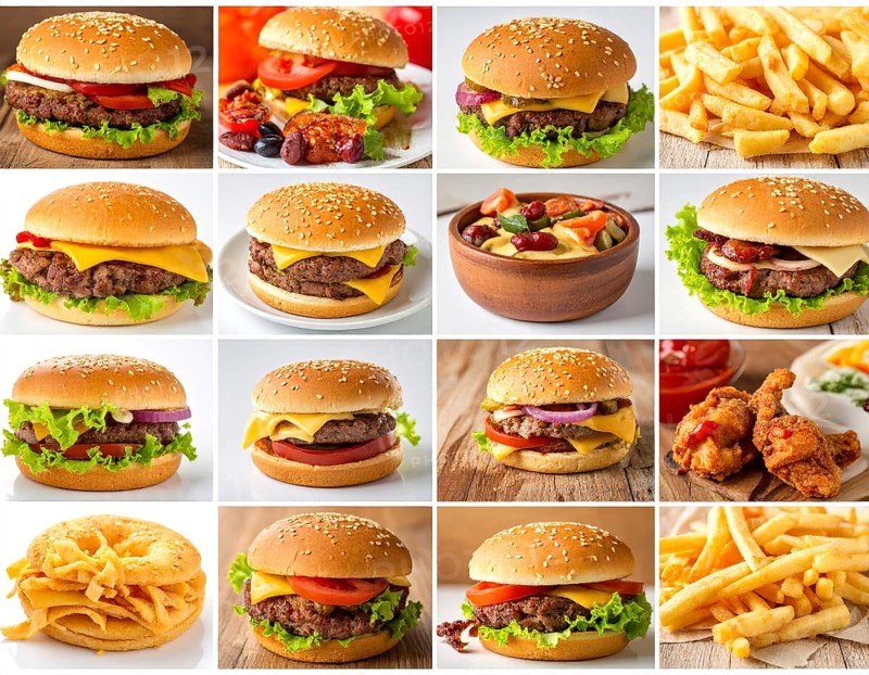 Collage of various fast food meals. beagles, hamburger, cheeseburger, french fries and a view green salad pieces, unhealthy lifestyle, symbol for bad nutrition, wallpaper illustration for banner or template background, AI generated
