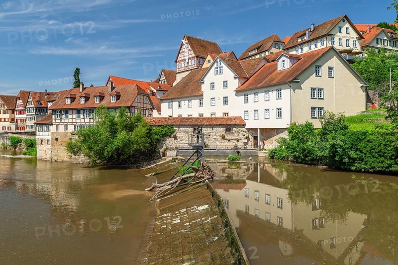 Old town reflected in Kocher, Schwäbisch Hall, Hohenlohe, Baden-Württemberg, Germany, Hohenlohe, Schwäbisch Hall, Baden-Württemberg, Germany