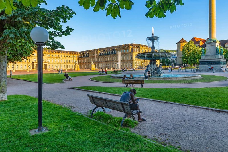 Summer evening on Schlossplatz with New Palace, Stuttgart, Baden-Württemberg, Germany, Stuttgart, Baden-Württemberg, Germany