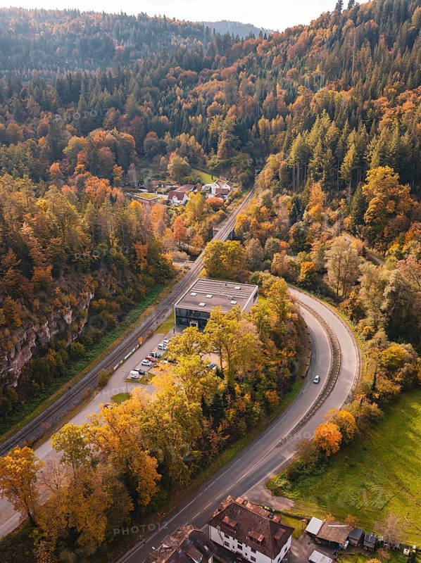 Aerial view of a road through an autumnal wooded slope, Calw, Black Forest, Germany