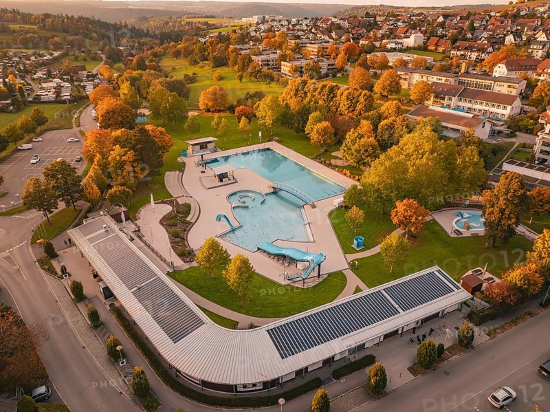 Aerial view of an outdoor pool surrounded by trees and residential area in autumn, Calw, Black Forest, Germany