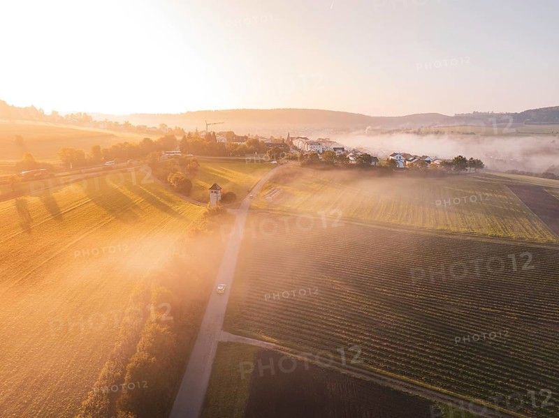 Extensive landscape with fields and a village in morning fog and sunrise light, Calw Stammheim, Black Forest, Germany