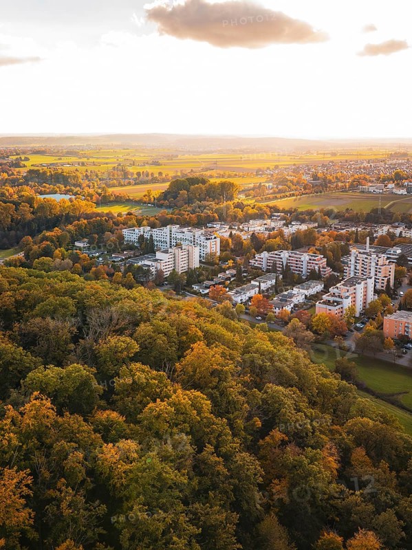 City view with forest in autumn ambiance, Sindelfingen, Böblingen district, Germany