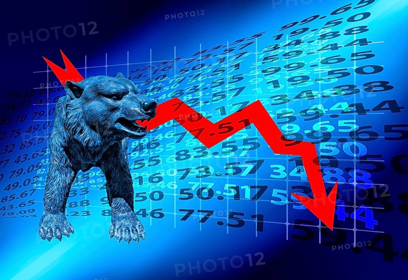 Symbolic picture, bear stands for stock market bear market, Wall Street and DAX crash, President Trump erratic decisions, global tariffs, share prices, euro, euro exchange rate, euro low, exchange rates, dollar parity, investment, recession concerns, inflation, export, raw materials and intermediate products in dollars, oil in dollars, world crisis, Ukraine war, Germany, loss of deatimore, autocracy, China, Russia