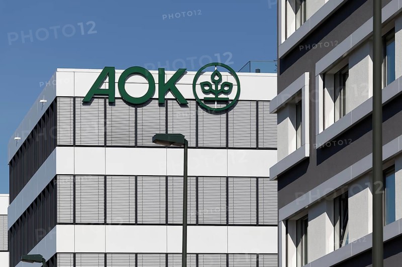 AOK Rheinland Hamburg, logo on building, health insurance, Düsseldorf, North Rhine-Westphalia, Germany