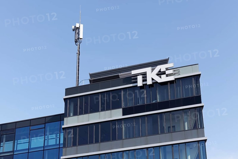 Thyssen Krupp Elevator, TKE, logo at company headquarters, elevator and escalator company, Düsseldorf, North Rhine-Westphalia, Germany