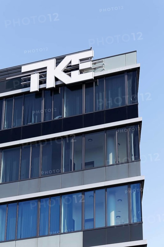 Thyssen Krupp Elevator, TKE, logo at company headquarters, elevator and escalator company, Düsseldorf, North Rhine-Westphalia, Germany
