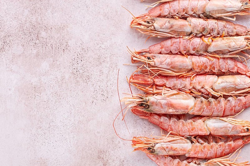 Freshly frozen shrimps, Argentine shrimps, langoustines, neatly laid out on the surface, top view