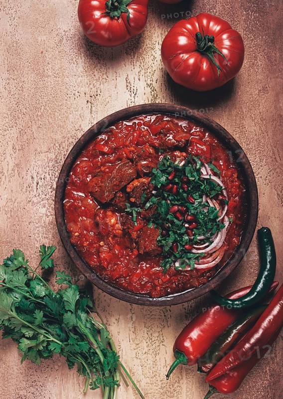 Chashushuli, a traditional Georgian dish, spicy, stewed meat with tomatoes and spices, homemade, no people