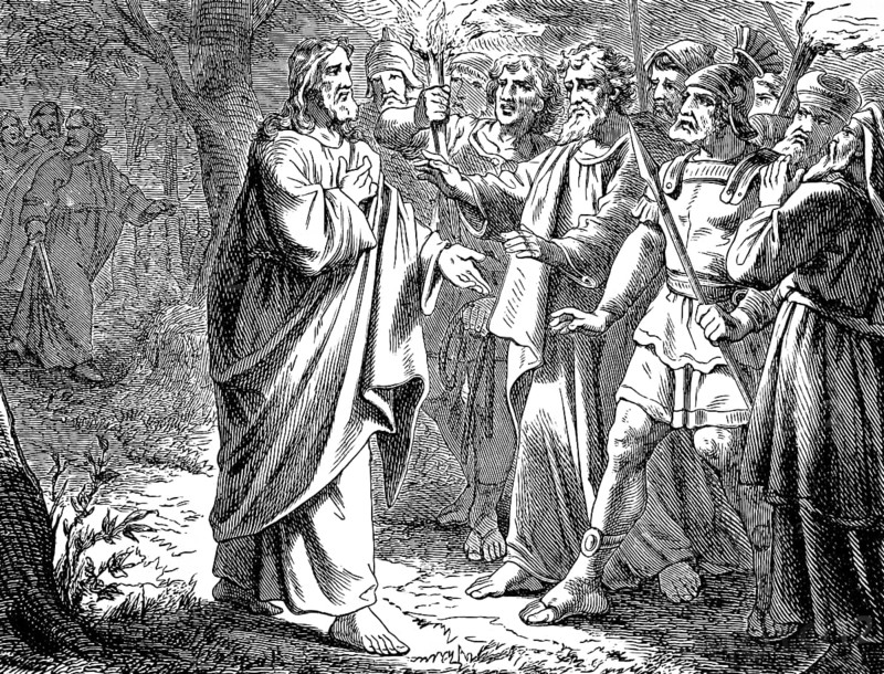 Capture of Jesus of Nazareth, Bach Kidron, Gospel of St. John, Chapter 1, John the Baptist, Prisoner, Judas, High Priest, Torches, Arrest, Pharisees, Weapons, New Testament, Bible, Historical Illustration 1877