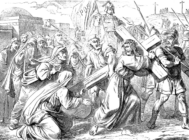 Jesus carrying his cross, Gospel of John, chapter 19, John the Baptist, Pilate, people, anger, crucify, place of skull, Calvary, SPQR, horsemen, crosses, New Testament, Bible, historical illustration 1877