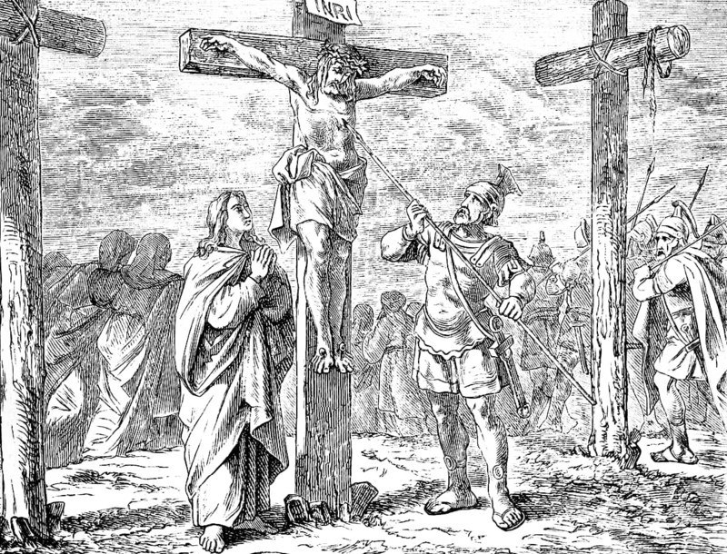 The war servant punctures the side of Jesus, Gospel of John, chapter 1, John the Baptist, crucifixion, INRI, war servant, torture, lance, wound, thirst, vinegar, blood, death, New Testament, Bible, historical illustration 1877