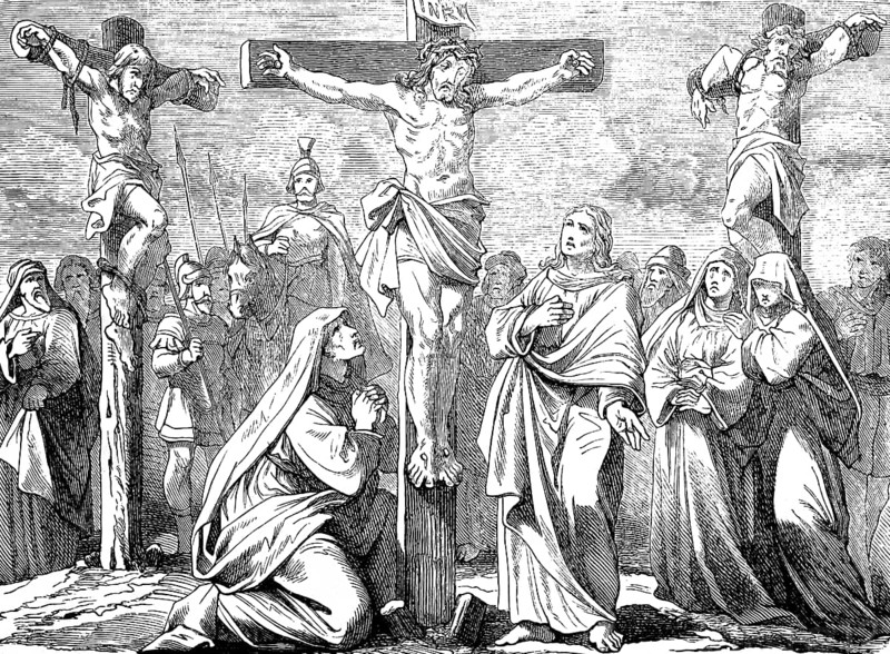 Jesus' legacy on the cross, Gospel of John, chapter 1, John the Baptist, crucifixion, three crosses, INRI, Jewish king, war servants, horsemen, weapons, lances, clothes, go, Mary Magdalene, mother, disciple, son, pray, horror, grief, nail, criminal, New Testament, Bible, historical illustration 1877
