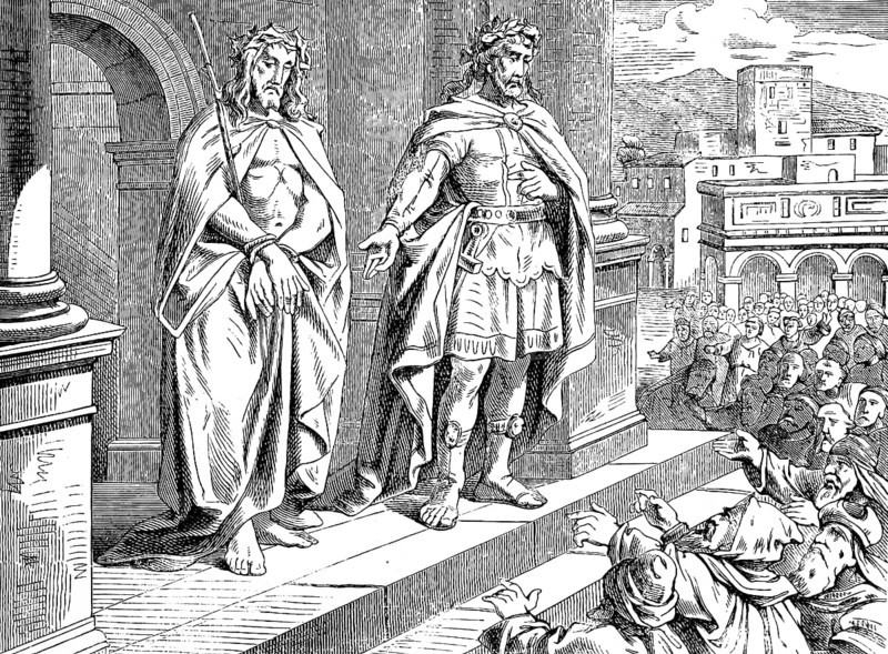 Jesus speaks, see what a person, Pilate finds no fault in him, Gospel of John, chapter 19, John the Baptist, Judgment, crowd, anger, laws, high priest, Jews, Son of God, self-exaltation, scourging, New Testament, Bible, historical illustration 1877
