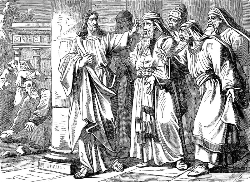 The Jews pick up stones against Jesus, Jesus went out to the temple right through them, Gospel of St. John the Baptist, Jews, Abraham, throw, honor, devil, New Testament, Bible, historical illustration 1877