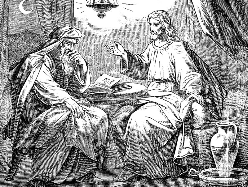 Jesus and Nicodemus, Gospel of St. John the Baptist, Colonel, Jews, night, teacher, God, birth, questions, chamber, crescent moon, oil lamp, book opened, round table, jug, bowl, New Testament, Bible, historical illustration 1877