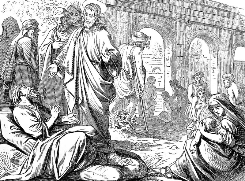 The healing at the pool of Bethesda, Jesus speaks, get up, take up your bed and go to the water, Jerusalem, Gospel of St. John the Baptist, five halls, sheep house, sick, blind, drought, water, movement, angel, health, healing, 38 years ill, New Testament, Bible, historical illustration 1877