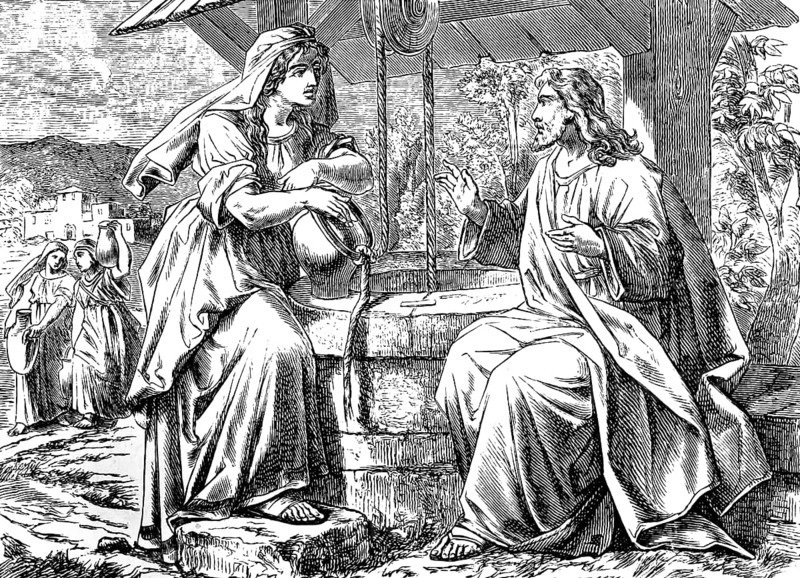She Samaritan at Jacob's Well in Sichar, Gospel of St. John, Chapter 4, John the Baptist, Jacob, Well, Tiredness, Jesus, Journey, Jew, Samarian Woman, Woman, Draw Water, Jug, Thirst, Eternal Life, Conversation, Landscape, Drawing Well, Samaria, New Testament, Bible, Historical Illustration 1877