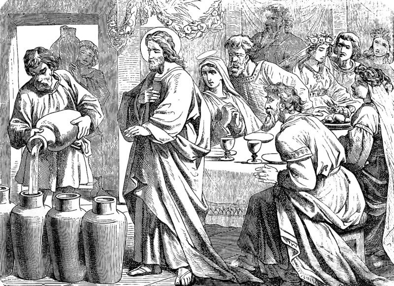The wedding at Cana, Galilee, Saint John's Gospel, chapter 2, John the Baptist, third day, wine, Jesus, disciples, stone water jugs, food master, New Testament, Bible, historical illustration 1877