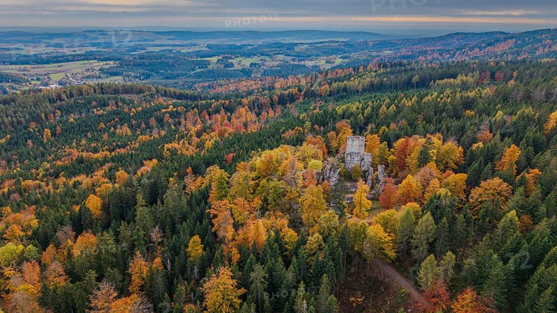 In the beautiful autumn landscape, the remains of the Weissenstein castle ruins stand in the middle of a colorful forest. The trees glow in different colors in mild weather. Friedenfels, Upper Palatinate