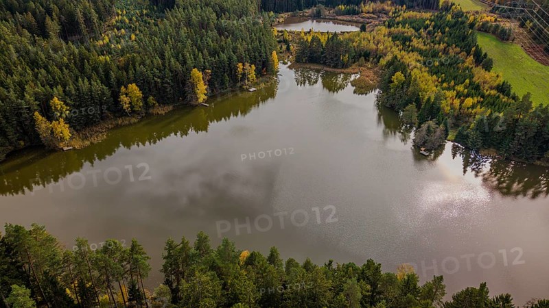 A calm lake is located in a landscape surrounded by trees in autumn. The colors of the leaves are reflected in the water. The peaceful surroundings invite you to relax. Falkenberg, Upper Palatinate