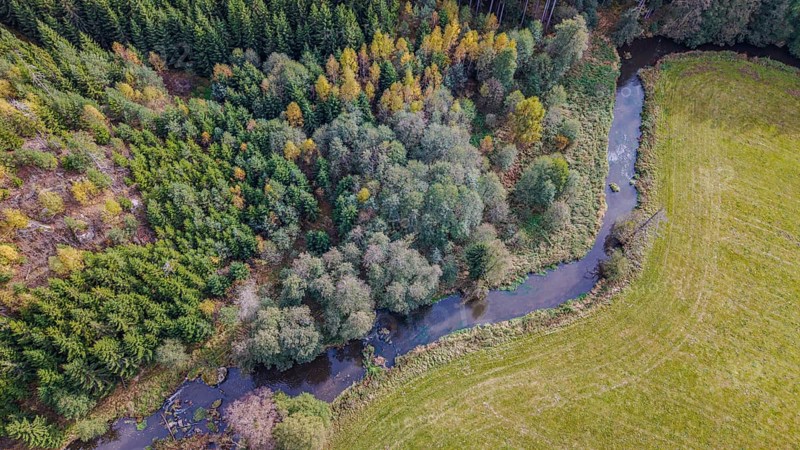 The river snakes through the countryside, surrounded by green trees and golden yellow leaves. The vast fields offer a peaceful view on a sunny day. Falkenberg, Upper Palatinate