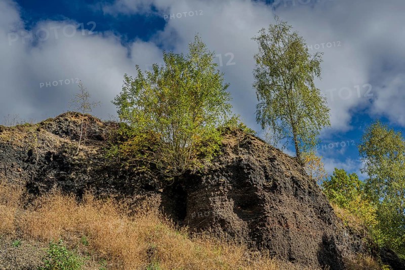 The rocky slope of an extinct volcano is covered with some trees and dry grass. The sky is cloudy and it is afternoon, which creates a calm atmosphere. Železná hurka, Czech Republic