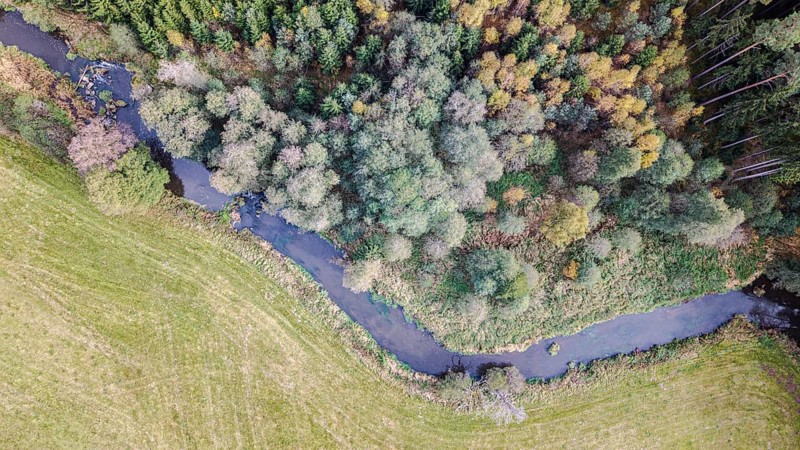 This scene shows a gently flowing river surrounded by colorful trees. The colors of autumn give the landscape a picturesque look. Falkenberg, Upper Palatinate
