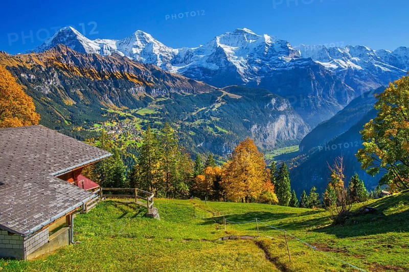 Autumn landscape in the hamlet of Sulwald with views of Wengen and Eiger 3967m, Mönch 4110m, Jungfrau 4158m and into Lauterbrunnen Valley, Isenfluh, Lauterbrunnental, Bernese Oberland, Canton of Bern, Switzerland