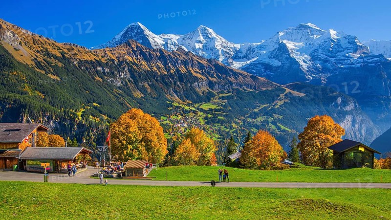 Mountain inn in the hamlet of Sulwald with views of Wengen, Eiger 3967m, Mönch 4110m and Jungfrau 4158m in autumn, Isenfluh, Lauterbrunnental, Bernese Oberland, Canton of Bern, Switzerland