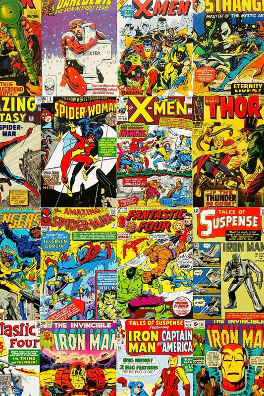 PRAGUE, CZECH REPUBLIC - JANUARY 29: Colorful vintage comic magazine covers top view flat lay composition on January 29, 2018 in Prague, Czech Republic