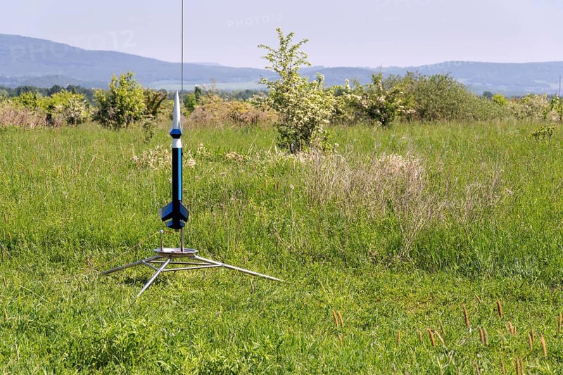 Rocket model prepare for takeoff launch, summer sunny day Prague Czech republic