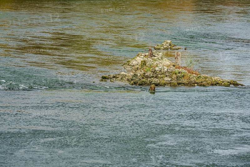 A small island of rocks juts out of the water. It is covered with grass and plants. The river flows quietly around the island at dusk. Landau an der Isar, Lower Bavaria