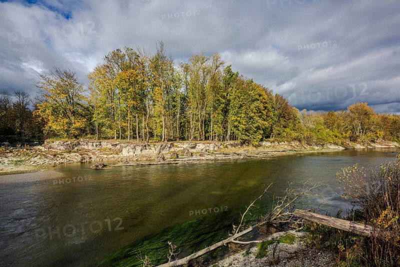 The restored Isar flows through a picturesque landscape in autumn. The trees along the shore show bright colors. The clouds in the sky give the picture a special atmosphere. Landau an der Isar, Lower Bavaria