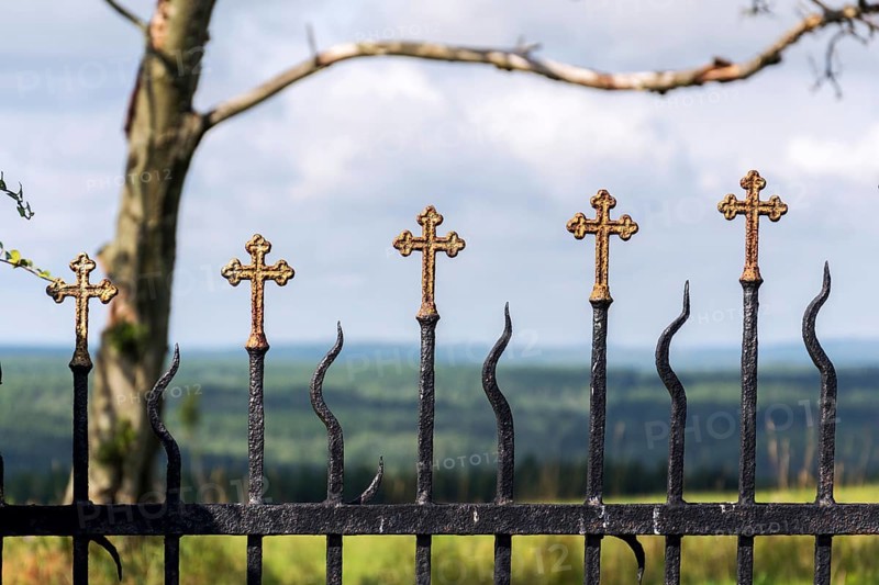 Beautiful small iron crossed fence decoration, graveyard wall with green woods in background, life and death concept Prague, Czech republic