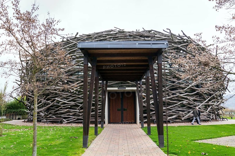 OLBRAMOVICE, CZECH REPUBLIC - NOVEMBER 23 2019: Storks Nest riding arena covered with wood resembling a giant birds nest on November 23, 2019 in Olbramovice, Czech Republic