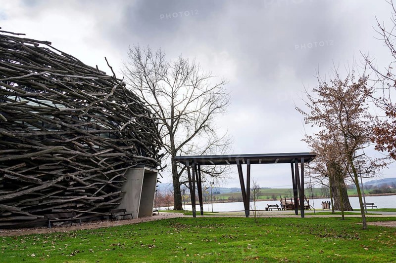 OLBRAMOVICE, CZECH REPUBLIC - NOVEMBER 23 2019: Storks Nest riding arena covered with wood resembling a giant birds nest on November 23, 2019 in Olbramovice, Czech Republic