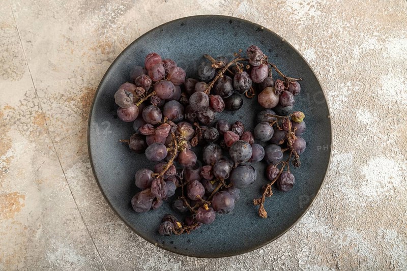 Bunches of rotten and Dry Red wine grapes on blue plate on brown concrete background, harvest, decay. Top view, flat lay, close up