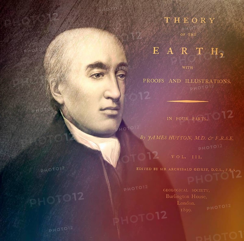 Portrait of James Hutton, 1726 – 1797, Scottish geologist, agriculturalist, chemical manufacturer, naturalist and physician, the Father of Modern Geology, title of his book Theory of the Earth, digitally edited