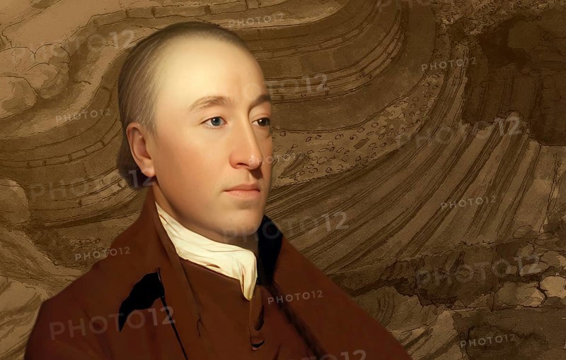 Portrait of James Hutton, 1726 – 1797, Scottish geologist, agriculturalist, chemical manufacturer, naturalist and physician, the Father of Modern Geology, digitally optimized based on a painting by Henry Raeburn, Juction of strata, Isle of Man, Scotland, illustration by John Clerk of Eldin from the publication Theory of the Earth