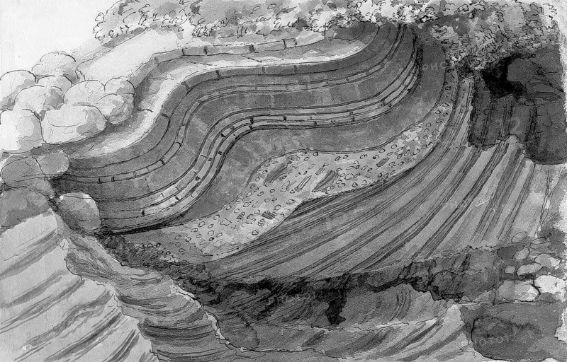 Juction of strata, Isle of Man, Scotland, illustration by John Clerk of Eldin from the publication Theory of the Earth by James Hutton, 1726 – 1797, Scottish geologist, agriculturalist, chemical manufacturer, naturalist and physician, the Father of Modern Geology