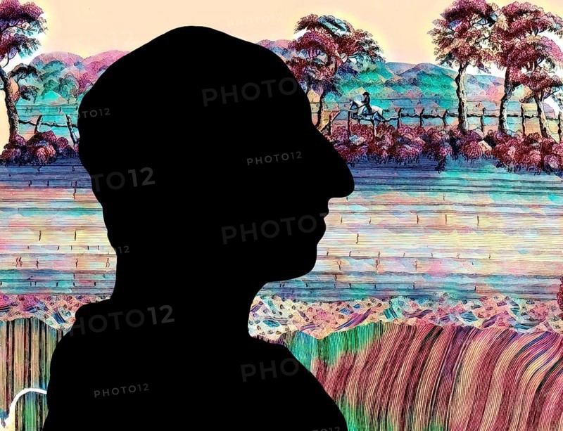 Silhouette of James Hutton, 1726 – 1797, Scottish geologist, agriculturalist, naturalist and physician, the Father of Modern Geology, in the background The Unconformity at Jedburgh, Scotland, illustration by John Clerk of Eldin from the publication Theory of the Earth, digitally edited