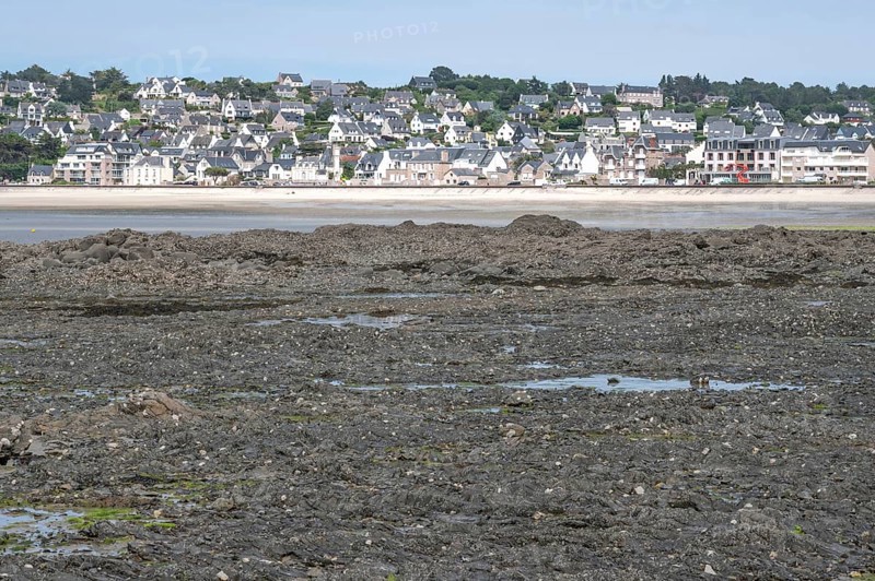 Erquy at low tide: A wide area of dark, moss-covered rock, exposed by low tide, forms the foreground, behind which is the bright sand of the beach and a densely built, rising coastline of the village of Erquy, Erquy, Saint-Brieuc Bay, Côtes-d'Armor department, Brittany region, France