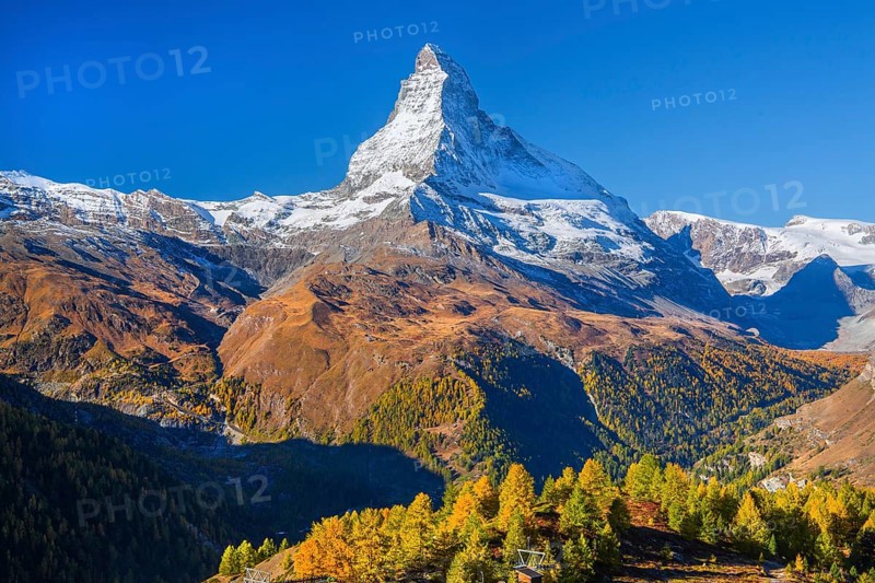 Sunegga view of the Matterhorn 4478 m in autumn, Zermatt, Mattertal, Valais, Switzerland