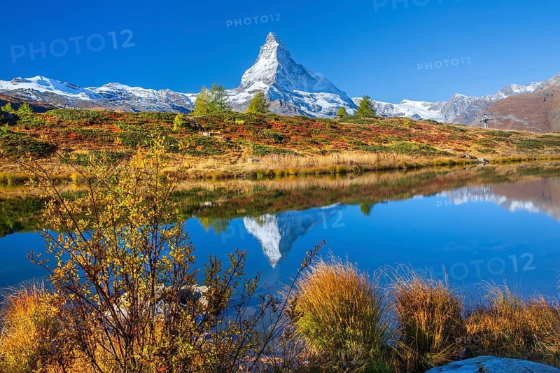 Matterhorn 4478 m with reflection in Leisee on the Sunnegga in autumn, Zermatt, Mattertal, Valais, Switzerland