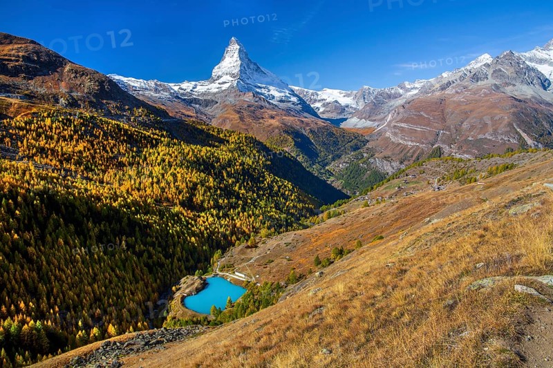 Moosjisee on the 5-lake hiking trail with Matterhorn 4478 m in autumn, Zermatt, Mattertal, Valais, Switzerland