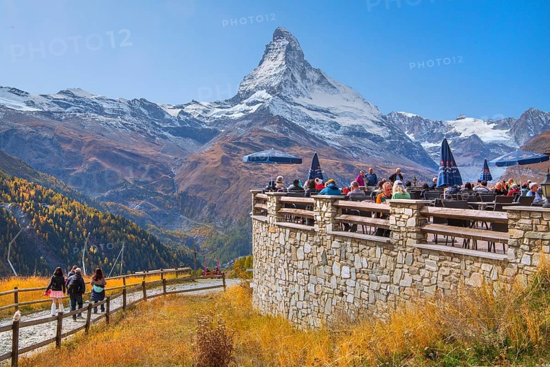 Sun terrace at mountain house on the Sunnegga with Matterhorn 4478 m, Zermatt, Mattertal, Valais, Switzerland