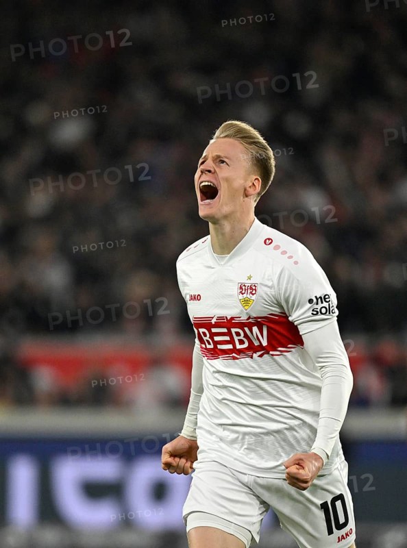 Goal cheers Chris Führich VfB Stuttgart (10) MHPArena, MHP Arena Stuttgart, Baden-Württemberg, Germany